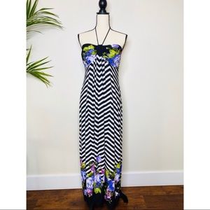St. Tropez Striped Purple Flower Halter Maxi Dress